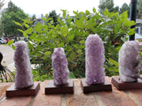 5-7" tall. Pure Grade A Amethyst Cluster on wooden stand from Brazil. 