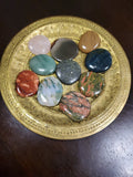 You will receive an intuitively picked flat, round, polished stone about 2" diameter in one or more of the following stones: rose quartz, jasper, bloodstone, or agate. 