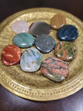 You will receive an intuitively picked flat, round, polished stone about 2" diameter in one or more of the following stones: rose quartz, jasper, bloodstone, or agate. 