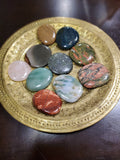 You will receive an intuitively picked flat, round, polished stone about 2" diameter in one or more of the following stones: rose quartz, jasper, bloodstone, or agate. 