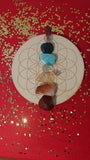 Included: Red Jasper, Carnelian, Rose Quartz, Amazonite and Blue Apatite from Madagascar, Honey Calcite and Amethyst point from Mexico and 6-inch birchwood crystal grid base engraved with Flower of Life