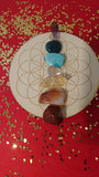 Included: Red Jasper, Carnelian, Rose Quartz, Amazonite and Blue Apatite from Madagascar, Honey Calcite and Amethyst point from Mexico and 6-inch birchwood crystal grid base engraved with Flower of Life