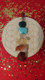 Included: Red Jasper, Carnelian, Rose Quartz, Amazonite and Blue Apatite from Madagascar, Honey Calcite and Amethyst point from Mexico and 6-inch birchwood crystal grid base engraved with Flower of Life