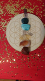Included: Red Jasper, Carnelian, Rose Quartz, Amazonite and Blue Apatite from Madagascar, Honey Calcite and Amethyst point from Mexico and 6-inch birchwood crystal grid base engraved with Flower of Life
