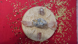 Includes:  4 Hematoid "Fire" Quartz,   4 Clear Quartz Mini Points,  1 Galena on Quartz, 1 6-inch Wooden Engraved Crystal Grid Base