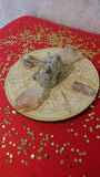 Includes:  4 Hematoid "Fire" Quartz,   4 Clear Quartz Mini Points,  1 Galena on Quartz, 1 6-inch Wooden Engraved Crystal Grid Base