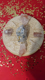 Includes:  4 Hematoid "Fire" Quartz,   4 Clear Quartz Mini Points,  1 Galena on Quartz, 1 6-inch Wooden Engraved Crystal Grid Base
