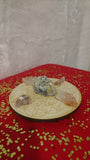 Includes:  4 Hematoid "Fire" Quartz,   4 Clear Quartz Mini Points,  1 Galena on Quartz, 1 6-inch Wooden Engraved Crystal Grid Base