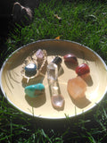 Included: Red Jasper, Carnelian, Rose Quartz, Amazonite and Blue Apatite from Madagascar, Honey Calcite and Amethyst point from Mexico, and black tourmaline and clear quartz crystal