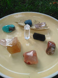 Included: Red Jasper, Carnelian, Rose Quartz, Amazonite and Blue Apatite from Madagascar, Honey Calcite and Amethyst point from Mexico, and black tourmaline and clear quartz crystal